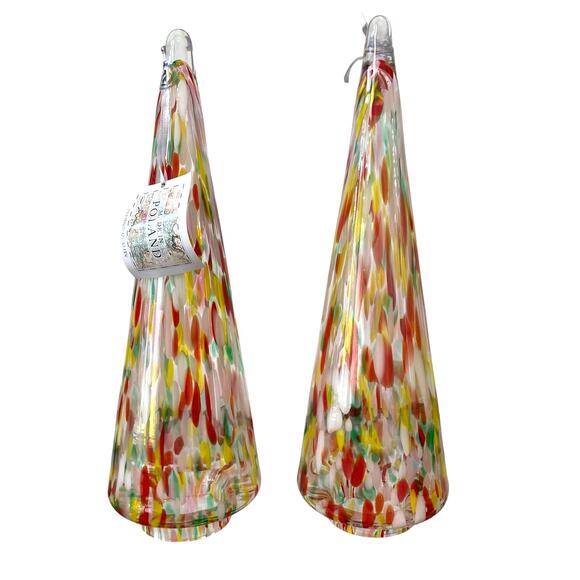Hand Blown Poland Art Glass CHRISTMAS TREE 14.5" Set of 2 Multicolor Holiday NEW - Picture 1 of 16